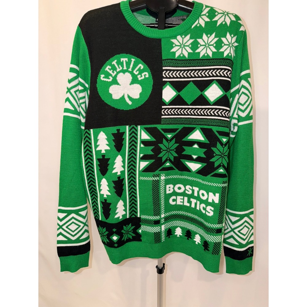 NBA Boston Celtics Holiday Sweater Green Black Patchwork Knit Mens XL